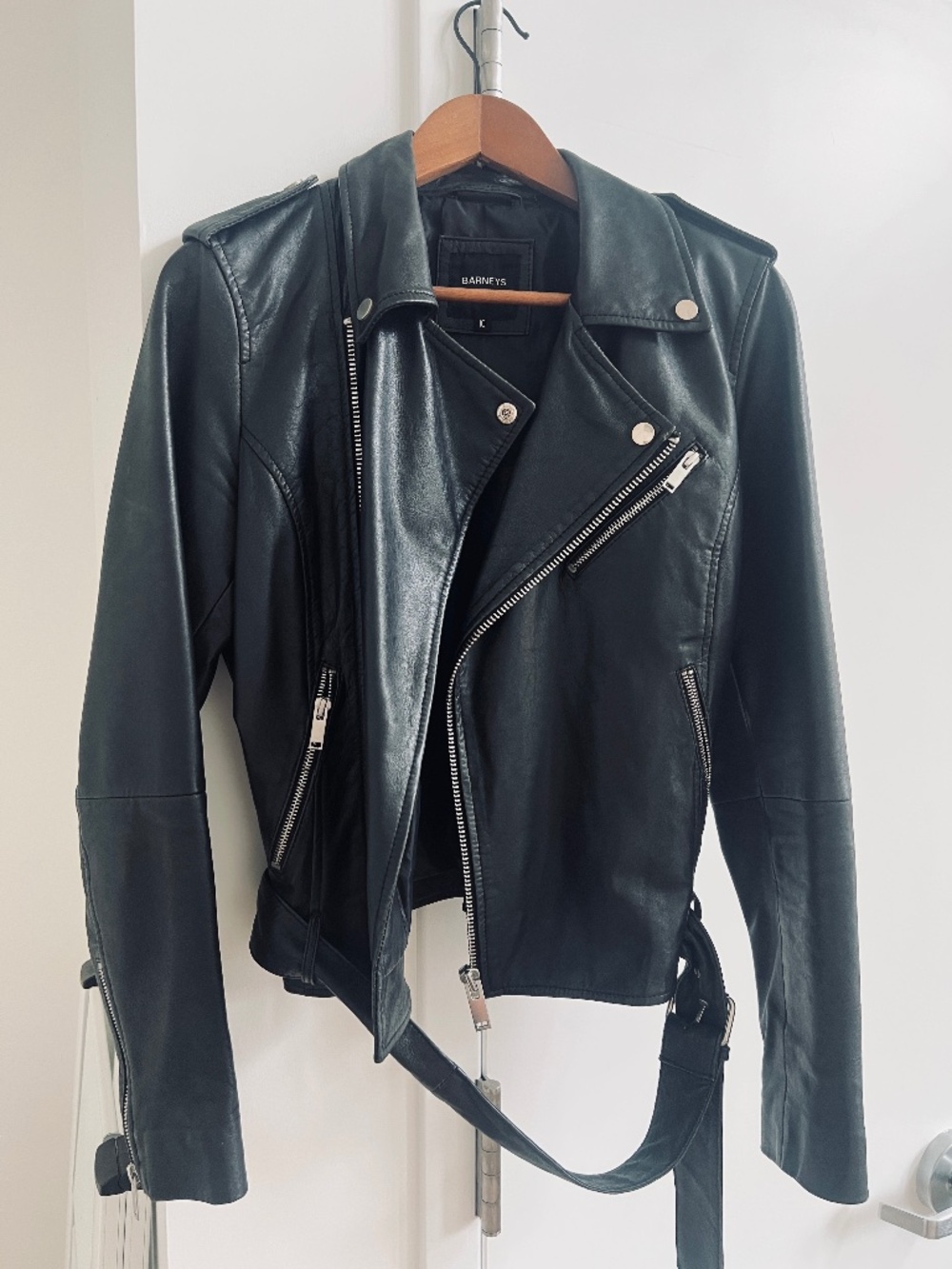Barneys Originals Black Genuine Leather Moto Biker Jacket Size 10